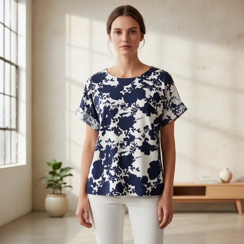 Melloday M Top Blue White Abstract Floral Dolman Coastal Boho Garden Bloom‎ Chic